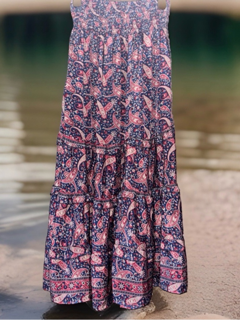 Rhea NWT Navy/Pink/Cream Paisley Boho Top and Maxi Skirt Set - Two-Piece - Picture 4 of 12